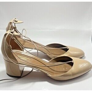 Aquazzura Alexa Nude Patent Leather Block Mid Heel Pumps Ankle Tie Size 40/9